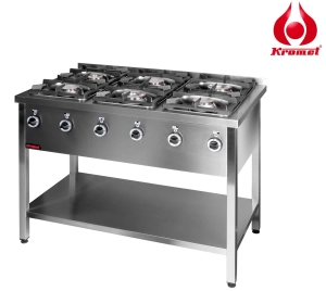 Kuchnia gazowa 6-palnikowa na podstawie otwartej z półką 1200x700x850mm 3x4,5kW + 3x7,5kW 000.KG-6M Kromet