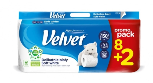  » Papier toaletowy celulozowy VELVET Delikatnie Biały, 3-warstwowy, 150 listki, 8+2szt., biały