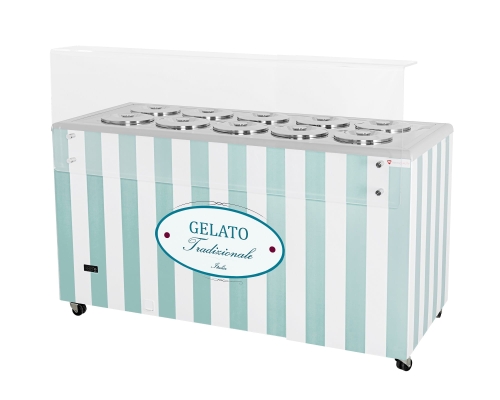Dystrybutor do lodów | witryna do lodów | konserwator | retro | 10 tub | okrągłe kuwety | 1503x670x895 mm | GELATO POZETTI 10 PASTEL BLUE