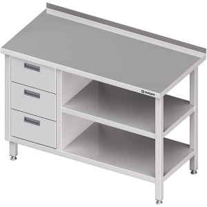 stół przyścienny z blokiem trzech szuflad (L),i 2-ma półkami 1100x600x850 mm Stalgast 980406110