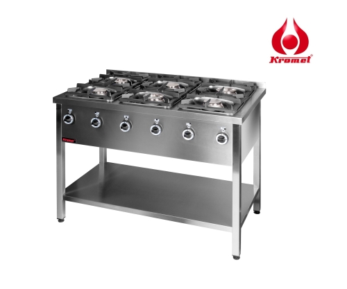 Kuchnia gazowa 6-palnikowa na podstawie otwartej z półką 1200x700x850mm 3x4,5kW + 3x7,5kW 000.KG-6M Kromet