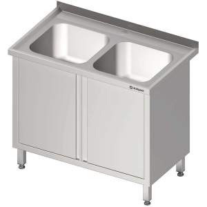 Stół stalowy ze zlewem 2-komorowym, drzwi skrzydłowe, blat tłoczony, 1000x600x850 mm