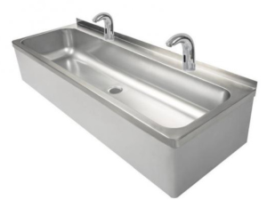 Umywalka dwustanowiskowa, nierdzewna, zabudowana z 2 bateriami elektronicznymi z mieszaczem 1200x425x265 model N 120/EU2/R