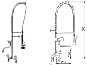Bateria stojąca dwuotworowa z pokrętłami ze spryskiwaczem i wylewką OMEGA 3 D