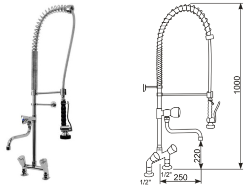 Bateria stojąca dwuotworowa z pokrętłami ze spryskiwaczem i wylewką OMEGA 3 D