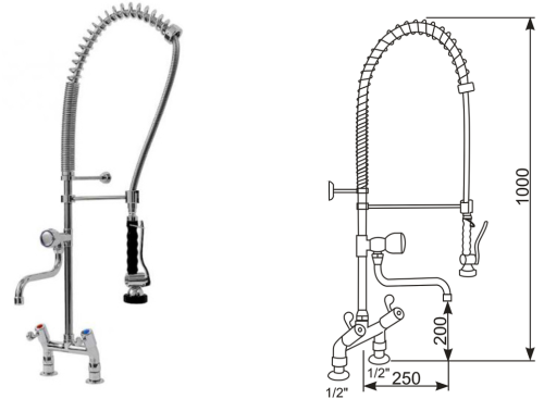 Bateria stojąca dwuotworowa ze spryskiwaczem i wylewką OMEGA 3 R