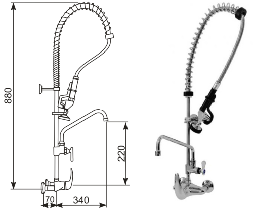 Bateria ścienna ze spryskiwaczem i  wylewką GASTRO 5